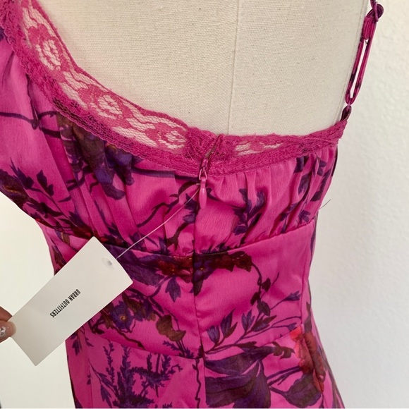 UO Purple Magenta Floral Tropical Print Satin Midi Side Slit Slip Dress - Picture 10 of 16